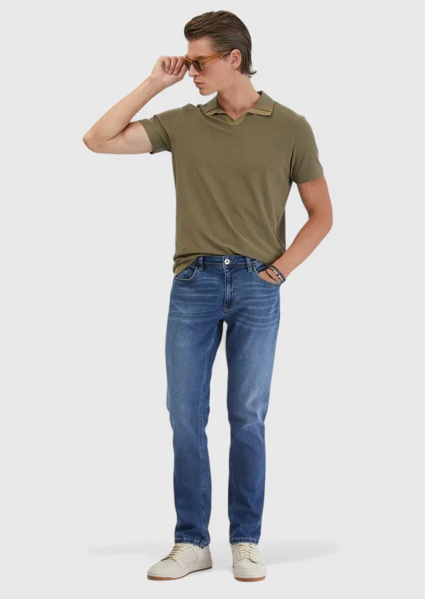 Oil Green Jacquard Polo Neck 100% Cotton T-Shirt - 2