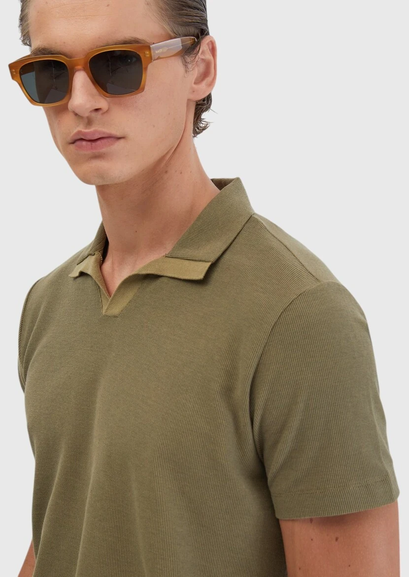 Oil Green Jacquard Polo Neck 100% Cotton T-Shirt - 6