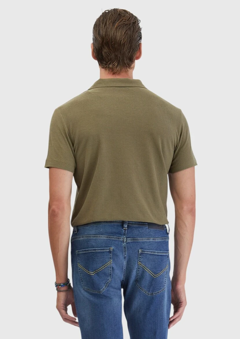 Oil Green Jacquard Polo Neck 100% Cotton T-Shirt - 8