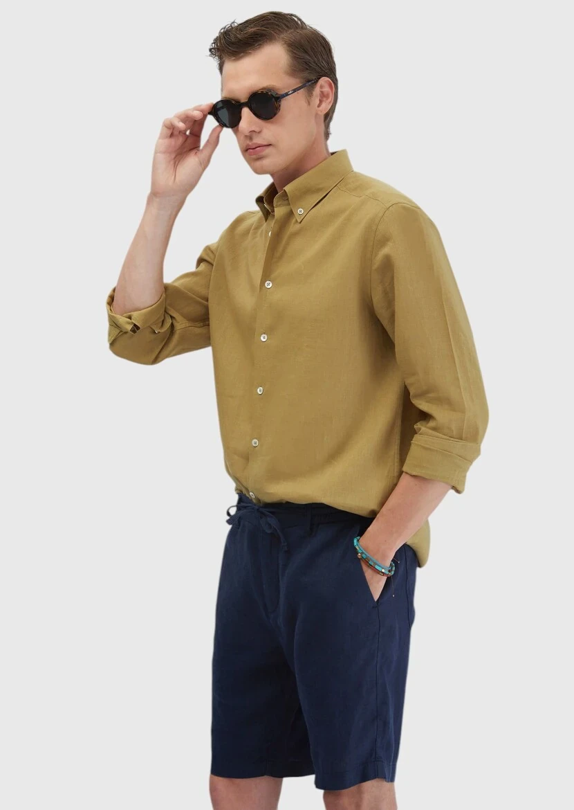 Oil Green Plain Casual Fit Weaving Casual Cotton Blended Shirt - RAMSEY