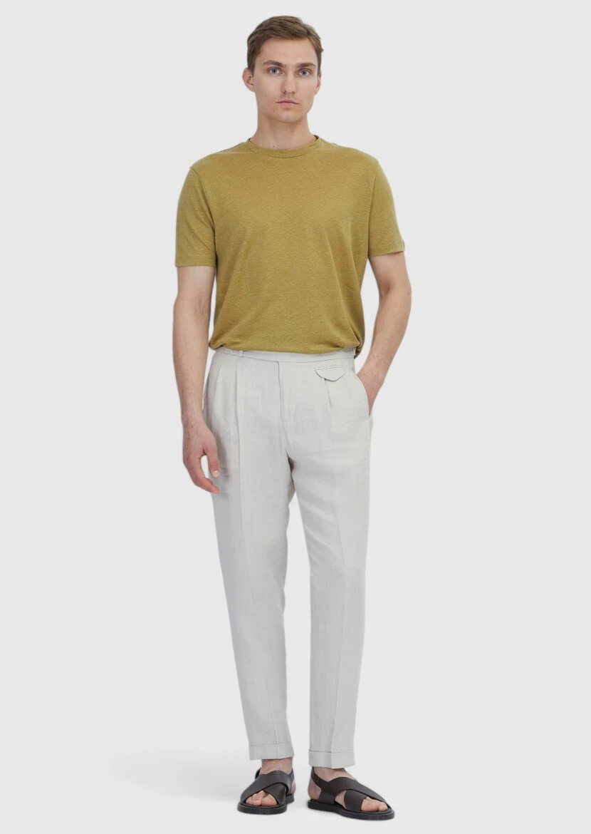 Oil Green Plain Crew Neck 100% Linen T-Shirt - RAMSEY