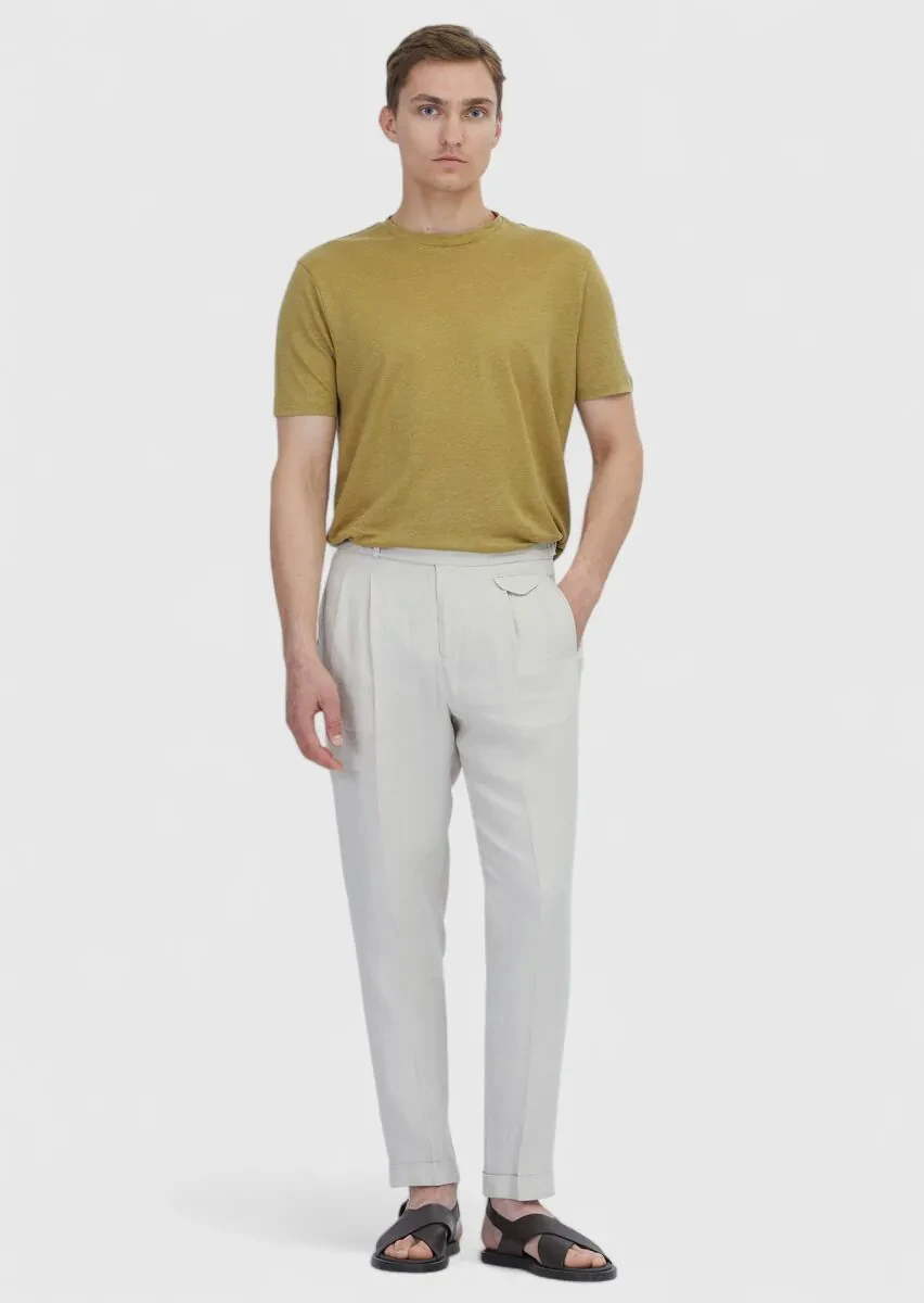 Oil Green Plain Crew Neck 100% Linen T-Shirt - 2