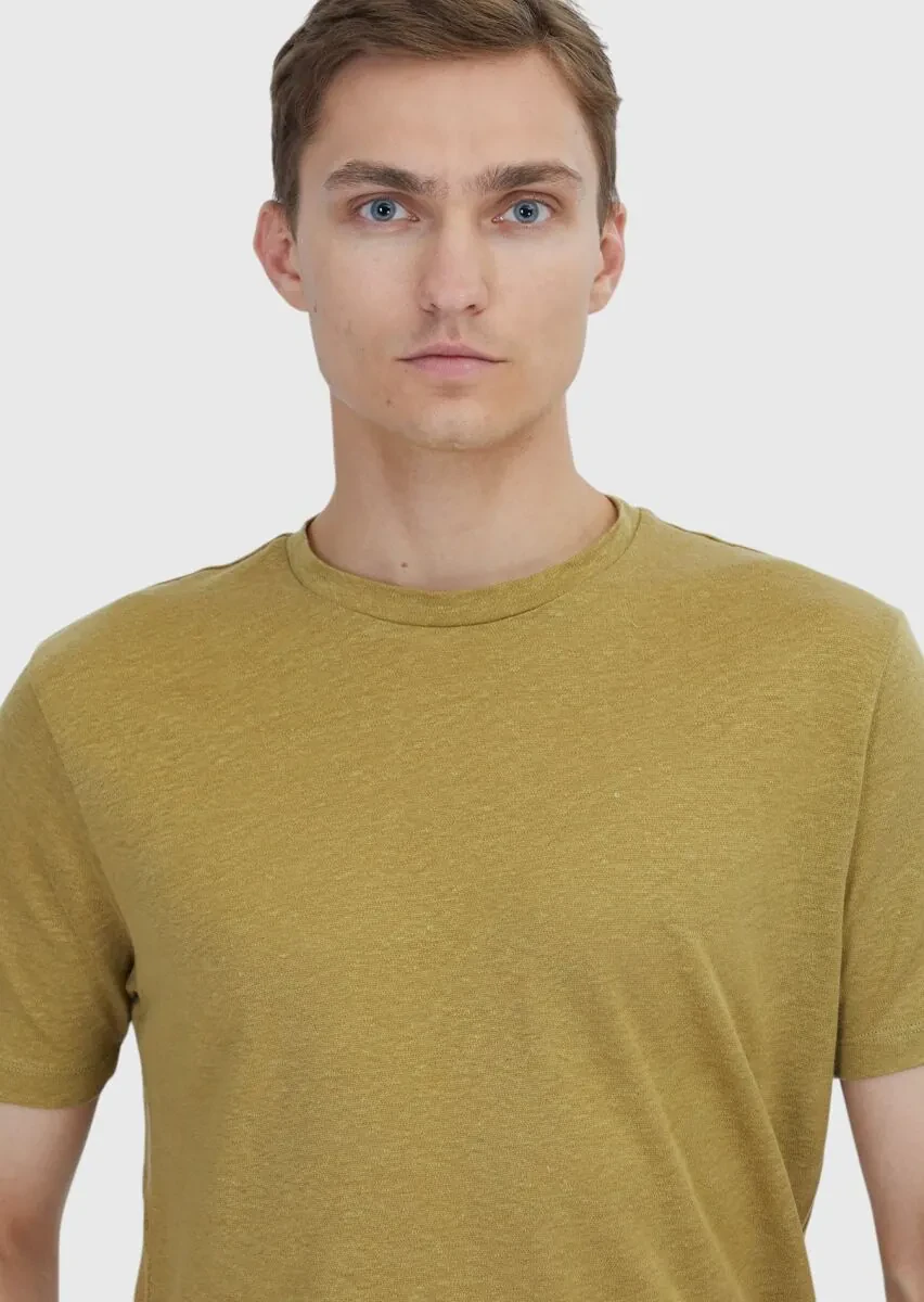 Oil Green Plain Crew Neck 100% Linen T-Shirt - 3