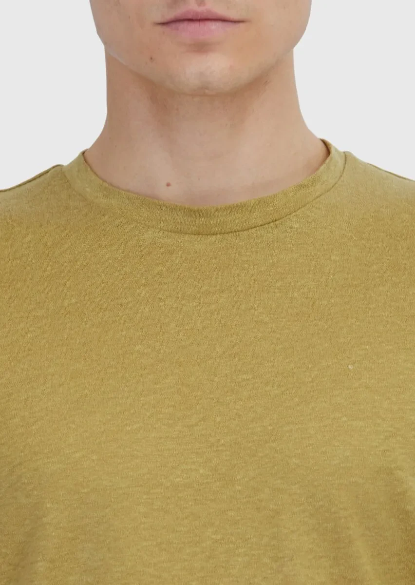 Oil Green Plain Crew Neck 100% Linen T-Shirt - 4