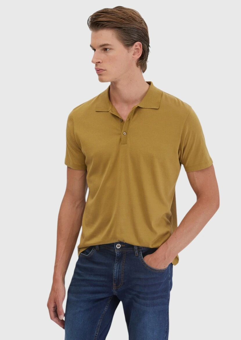 Oil Green Plain Polo Neck Cotton Blended T-Shirt - RAMSEY
