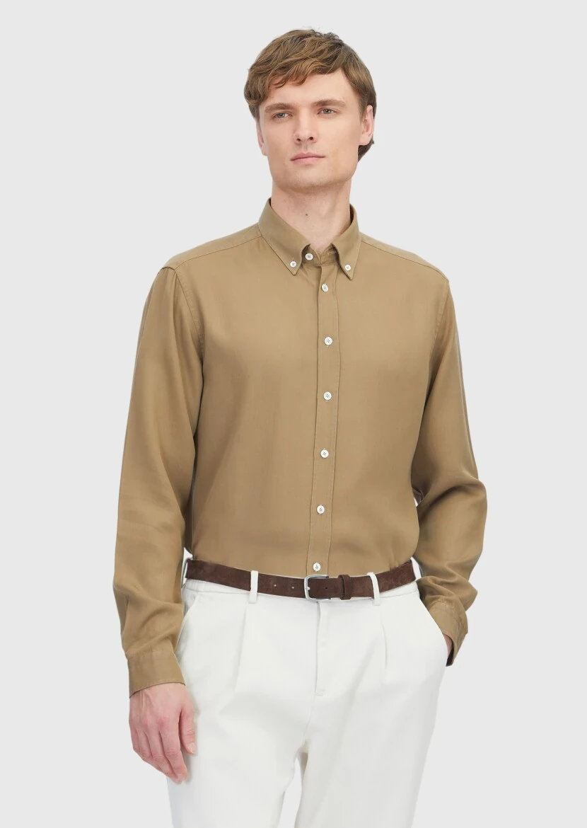 Oil Green Plain Weaving Casual Shirt - RAMSEY