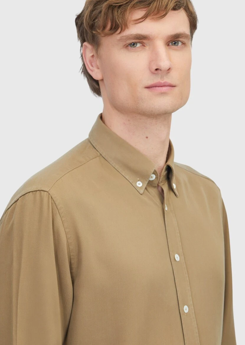 Oil Green Plain Weaving Casual Shirt - 3