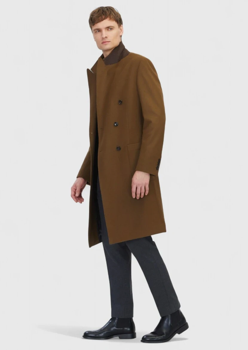 Oil Green Regular Fit Double Breasted Collar Casual Weaving Overcoat - 3