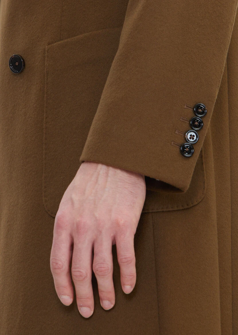 Oil Green Regular Fit Double Breasted Collar Casual Weaving Overcoat - 6