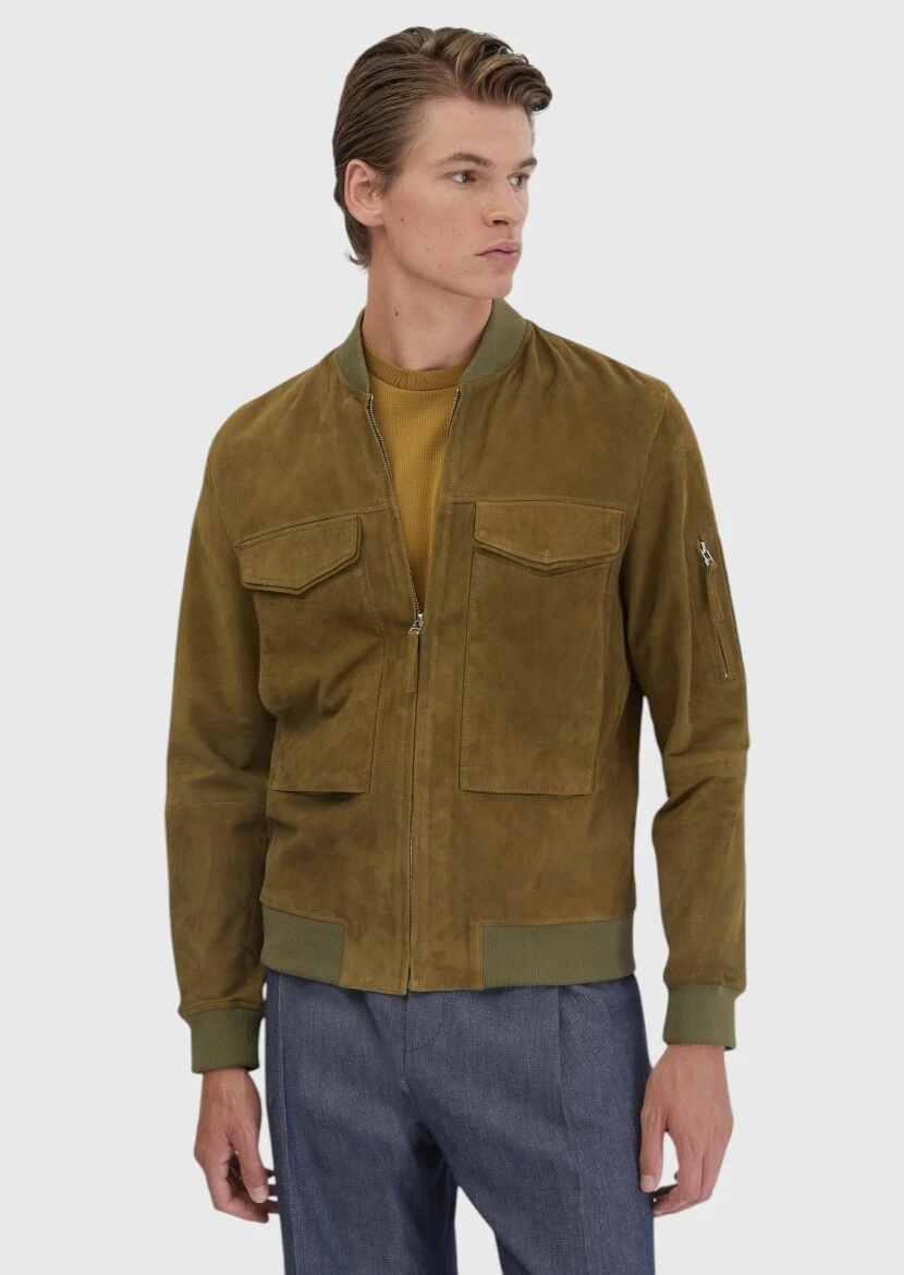 Oil Green Regular Fit Turtleneck Casual Leather Coat - RAMSEY