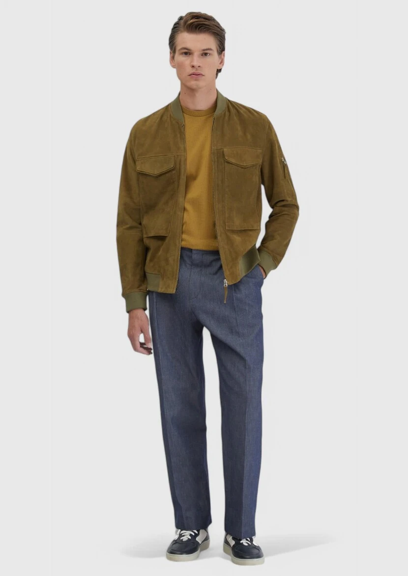 Oil Green Regular Fit Turtleneck Casual Leather Coat - RAMSEY