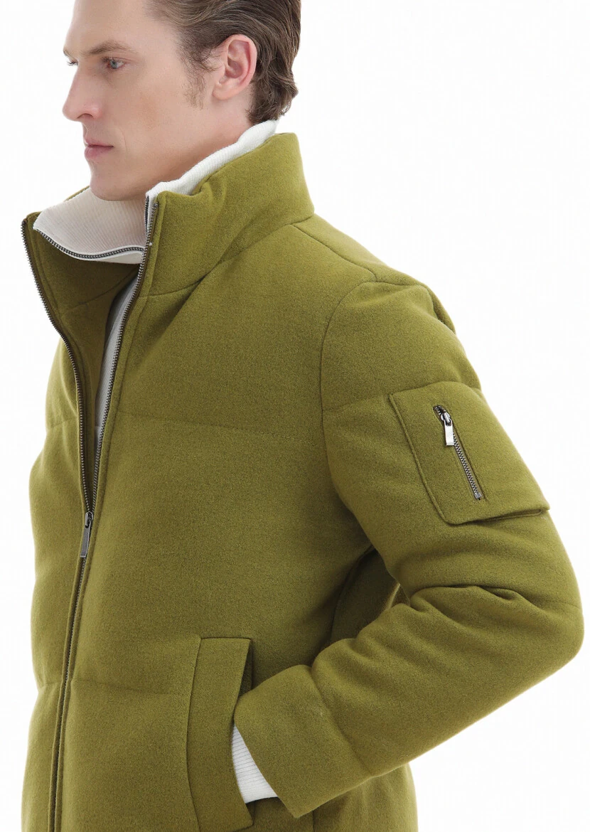 Oil Green Regular Fit Turtleneck Casual Weaving Coat - 3