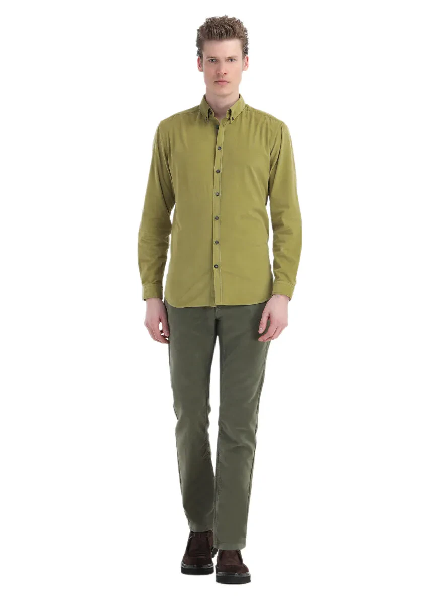 Oil Green Ribbed Regular Fit Weaving Casual 100% Cotton Shirt - 2