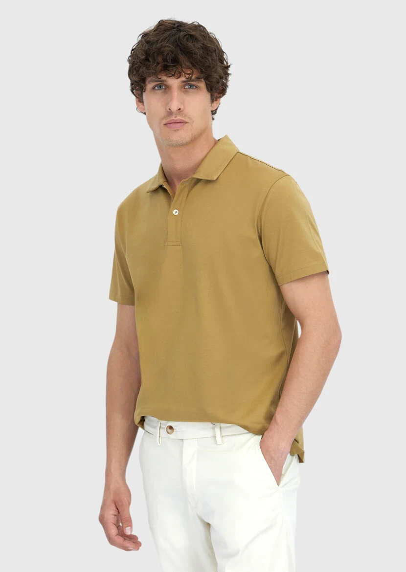 Olive Plain Polo Neck 100% Cotton T-Shirt - RAMSEY
