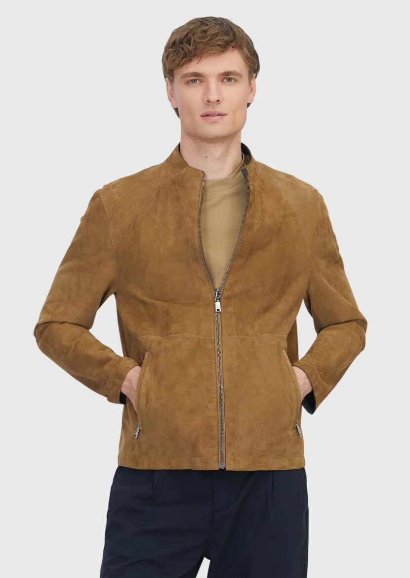 Olive Turtleneck Casual Double-Sided Leather Coat - 1