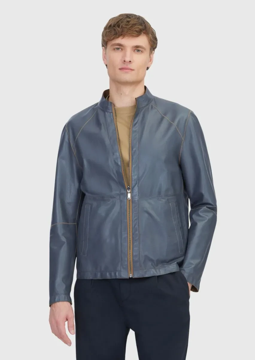 Olive Turtleneck Casual Double-Sided Leather Coat - 2