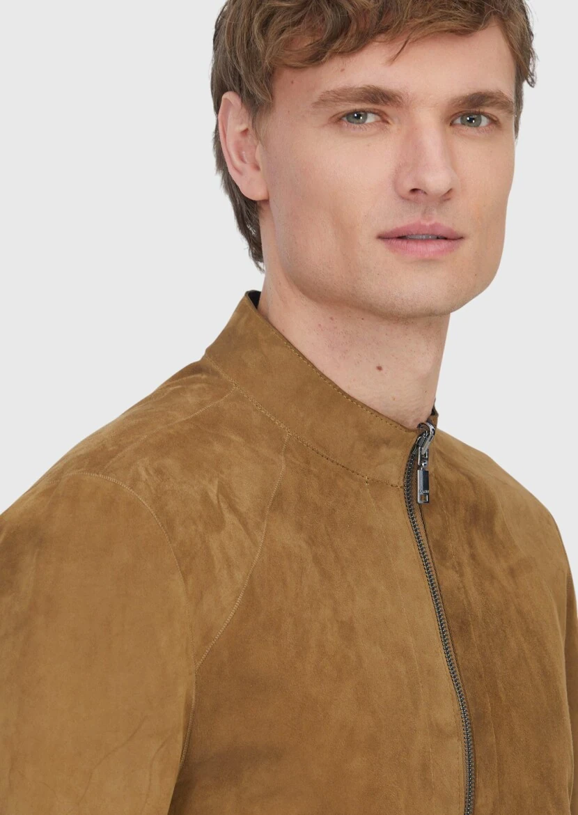 Olive Turtleneck Casual Double-Sided Leather Coat - 4