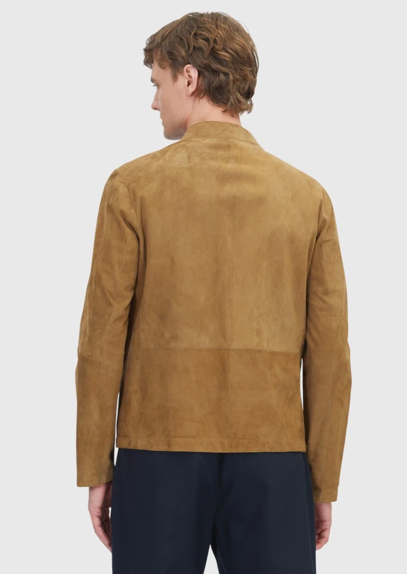 Olive Turtleneck Casual Double-Sided Leather Coat - 6