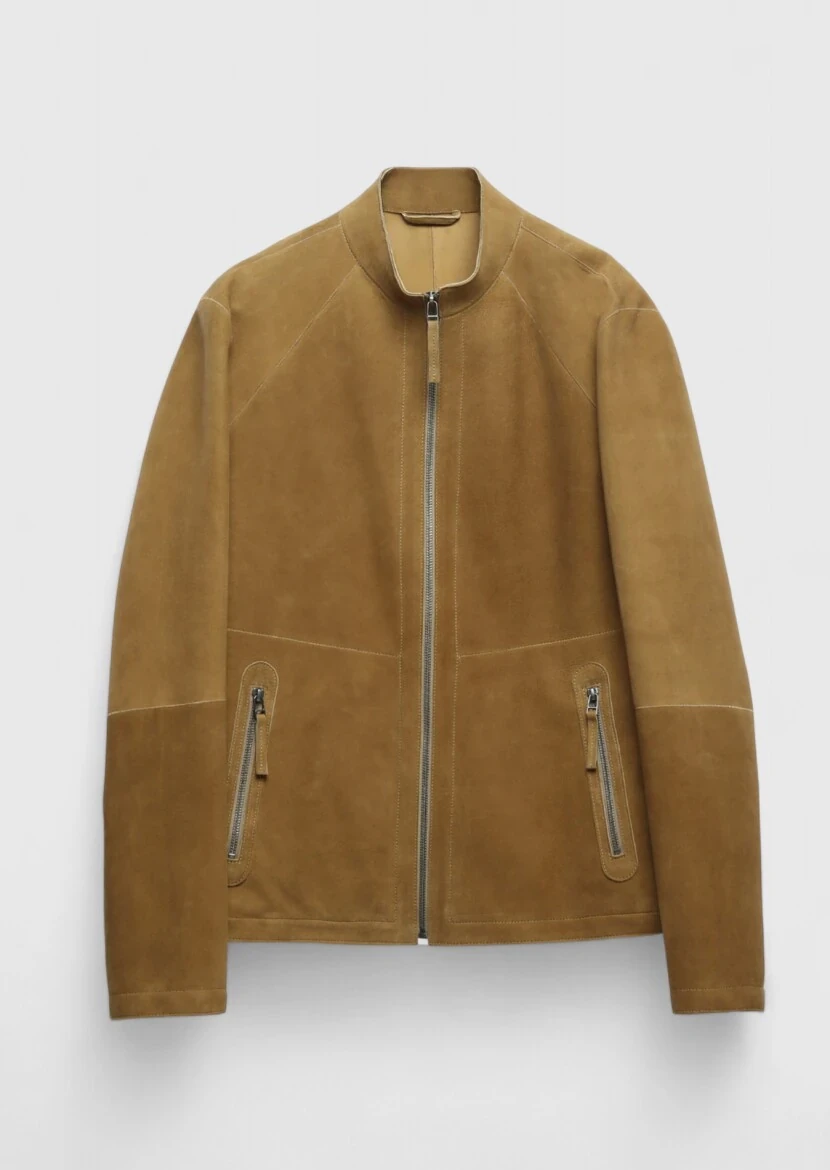 Olive Turtleneck Casual Double-Sided Leather Coat - 8