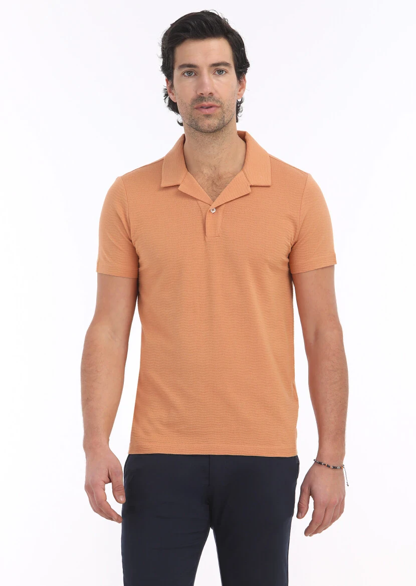 Orange Jacquard Cuban Collar 100% Cotton T-Shirt 