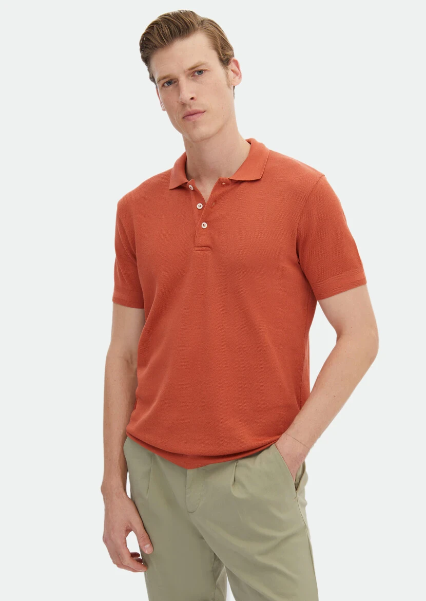 Orange Jacquard Polo Neck 100% Cotton T-Shirt - RAMSEY