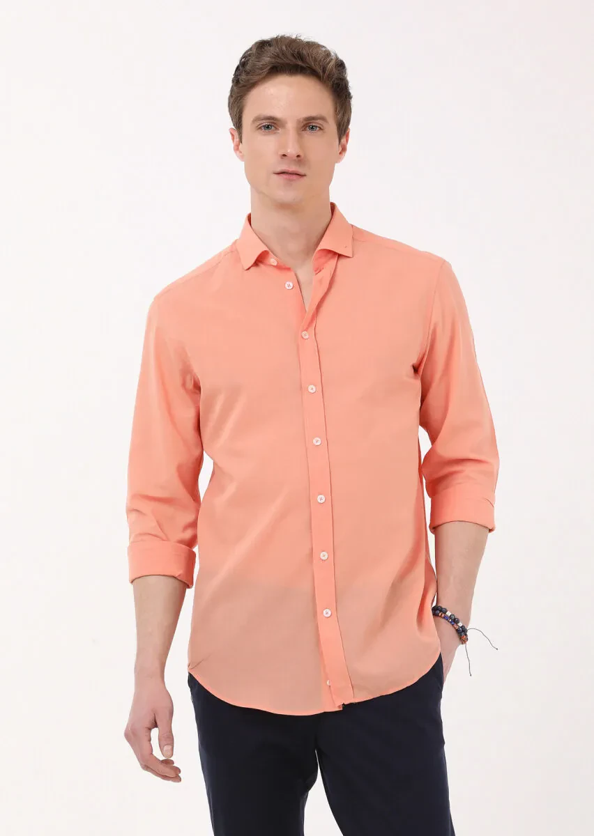 Orange Plain Regular Fit Weaving Casual 100% Cotton Shirt - 1