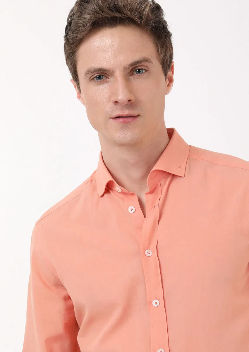 Orange Plain Regular Fit Weaving Casual 100% Cotton Shirt - 2