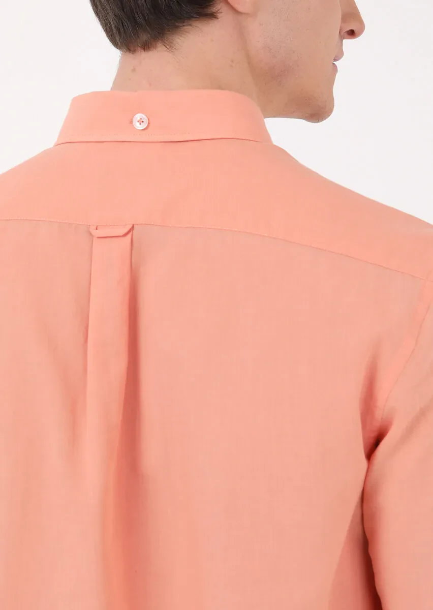 Orange Plain Regular Fit Weaving Casual 100% Cotton Shirt - 4