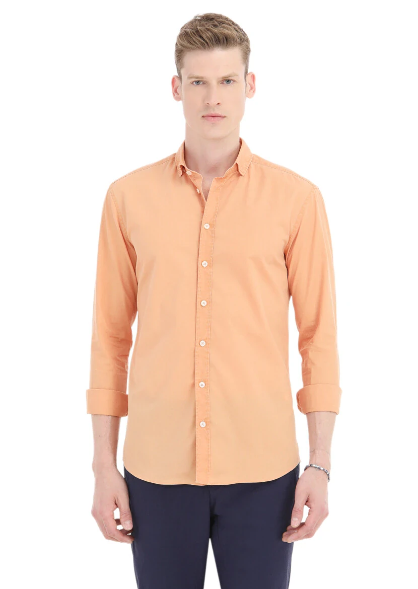 Orange Plain Regular Fit Weaving Casual 100% Cotton Shirt 