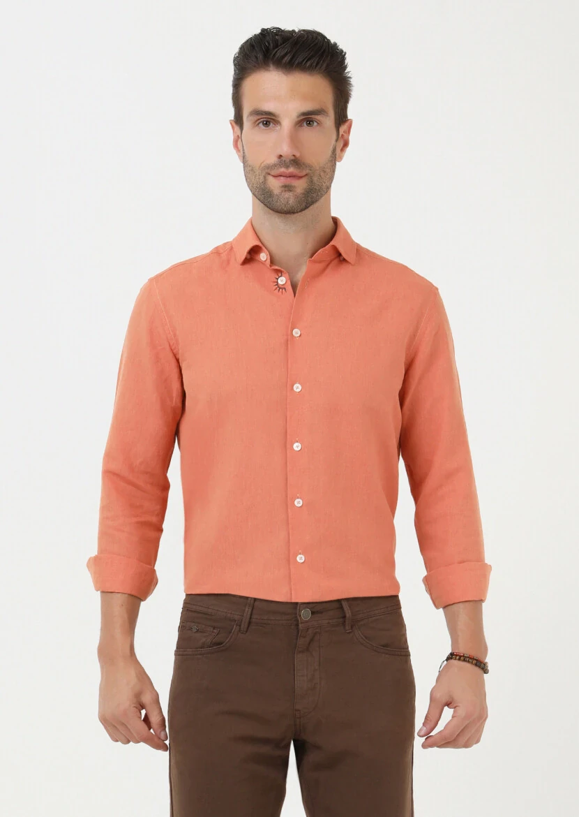 Orange Plain Regular Fit Weaving Casual Cotton Blended Shirt - 1