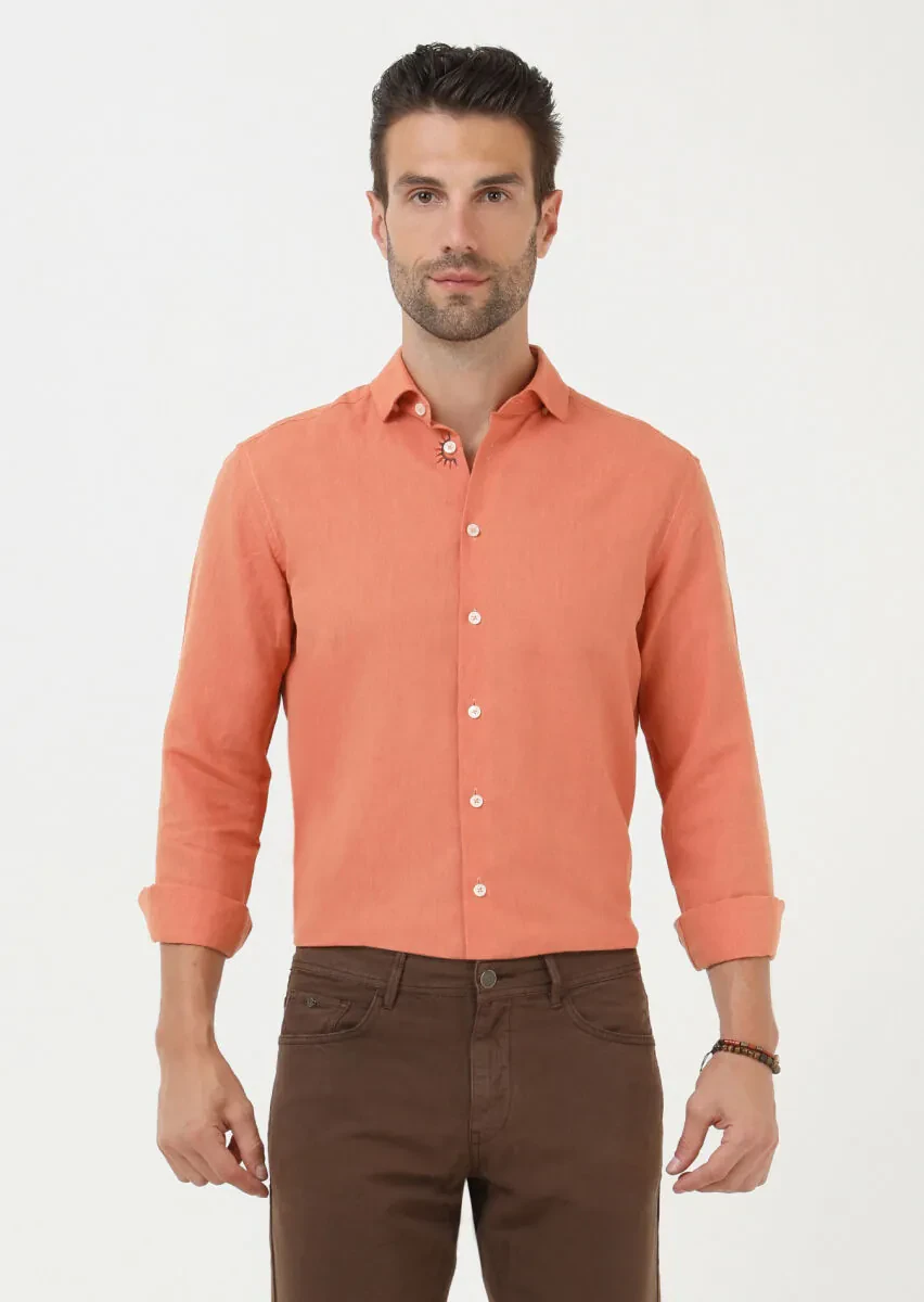 Orange Plain Regular Fit Weaving Casual Cotton Blended Shirt - 1