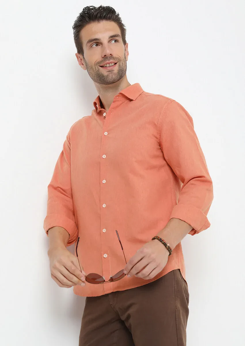 Orange Plain Regular Fit Weaving Casual Cotton Blended Shirt - 2
