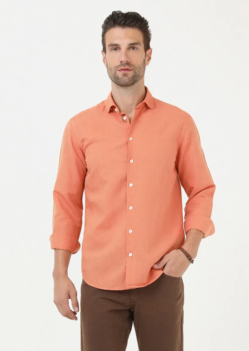 Orange Plain Regular Fit Weaving Casual Cotton Blended Shirt - 3