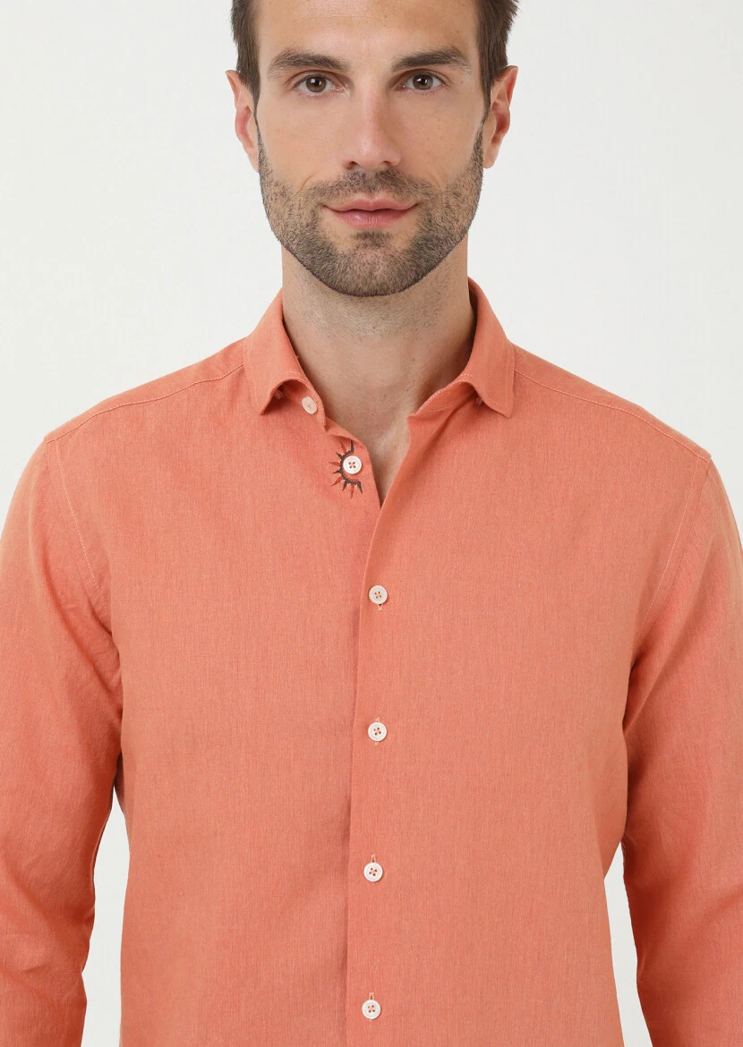 Orange Plain Regular Fit Weaving Casual Cotton Blended Shirt - 4