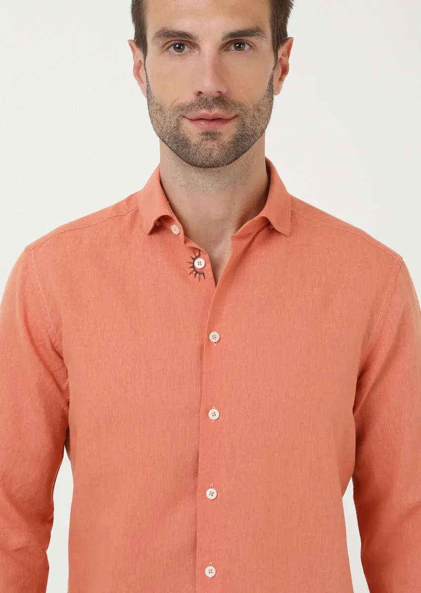 Orange Plain Regular Fit Weaving Casual Cotton Blended Shirt - 4