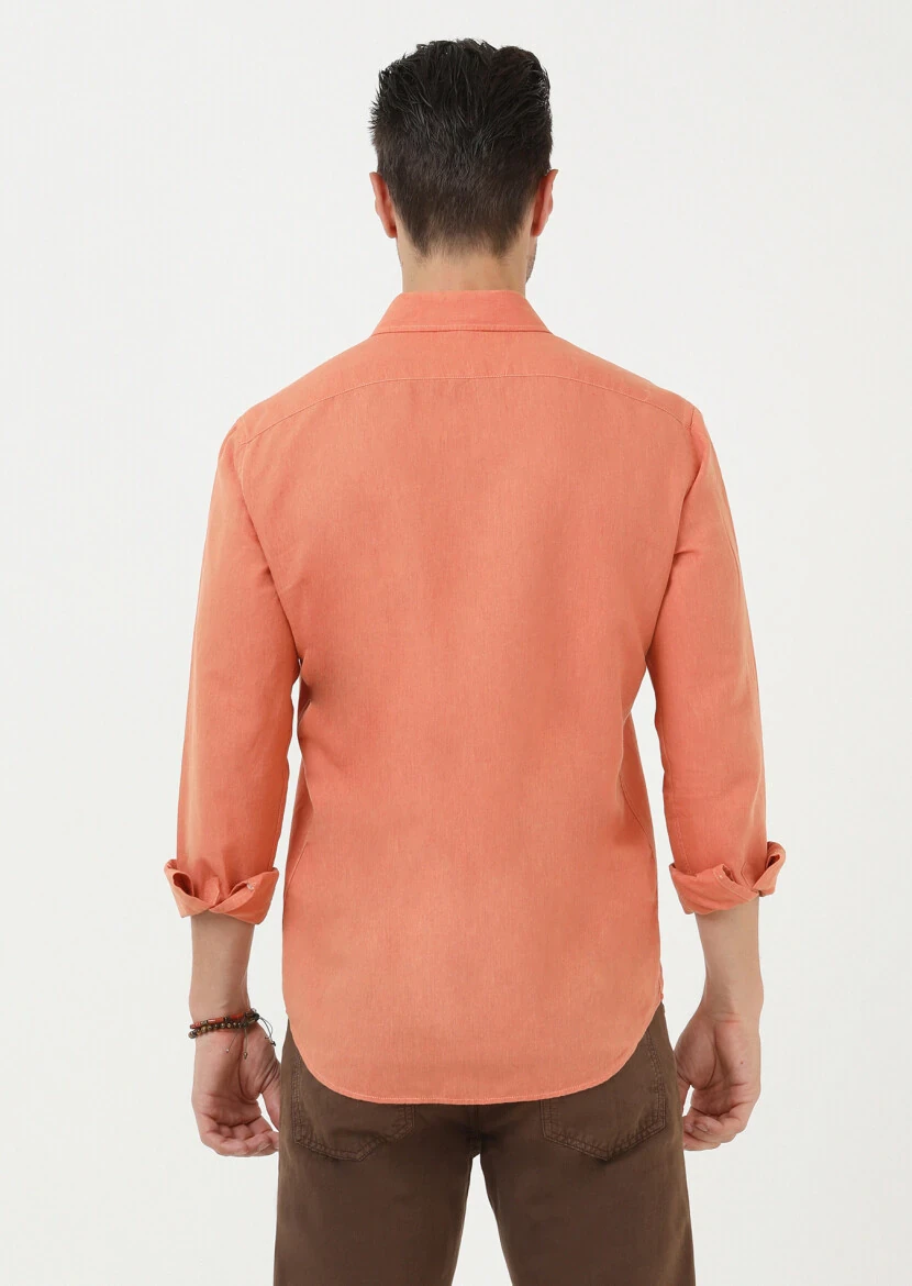 Orange Plain Regular Fit Weaving Casual Cotton Blended Shirt - 5