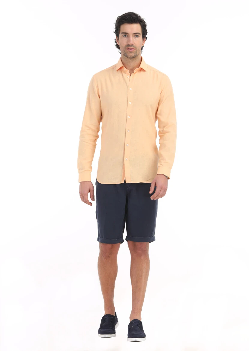 Orange Plain Regular Fit Weaving Casual Cotton Blended Shirt - 1