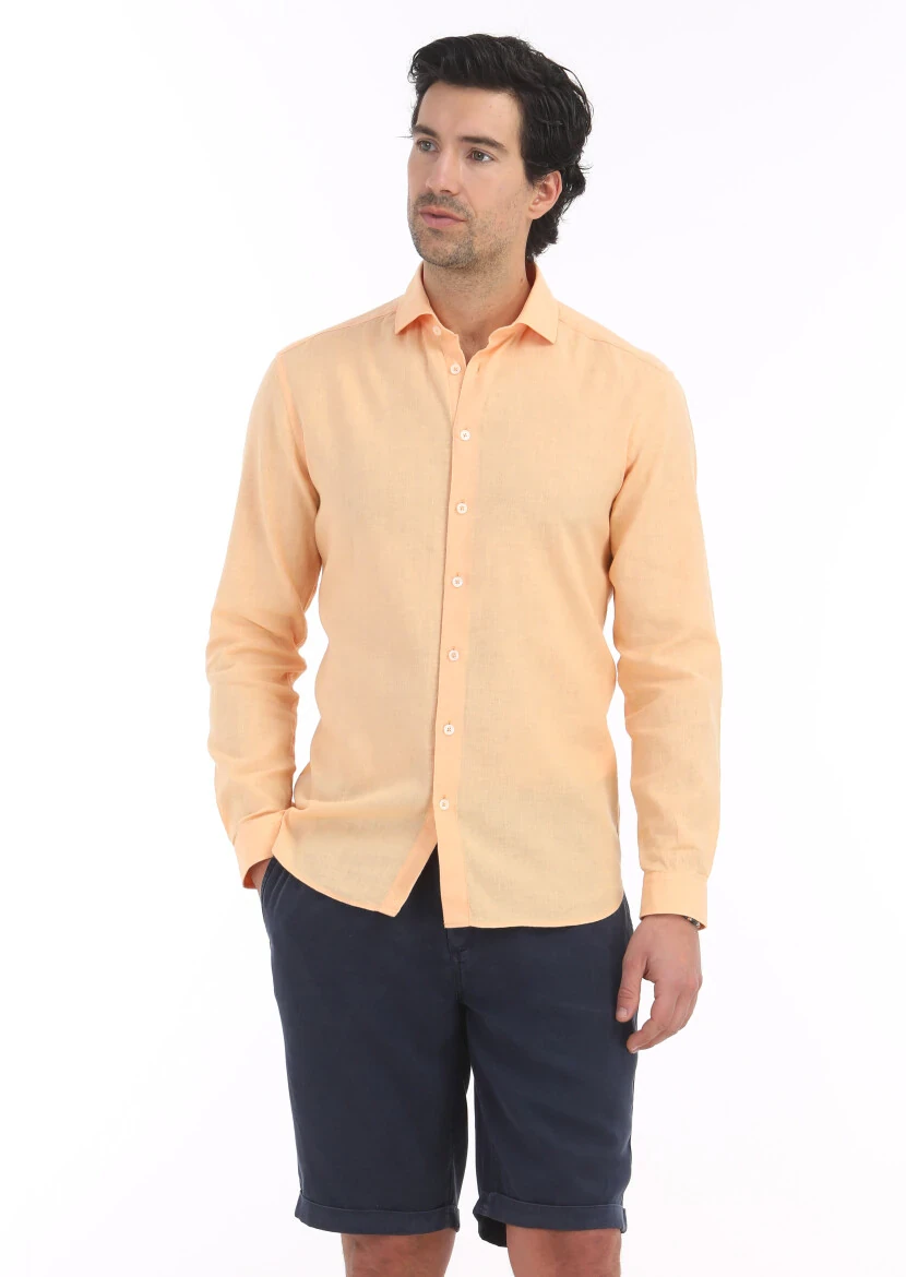 Orange Plain Regular Fit Weaving Casual Cotton Blended Shirt 