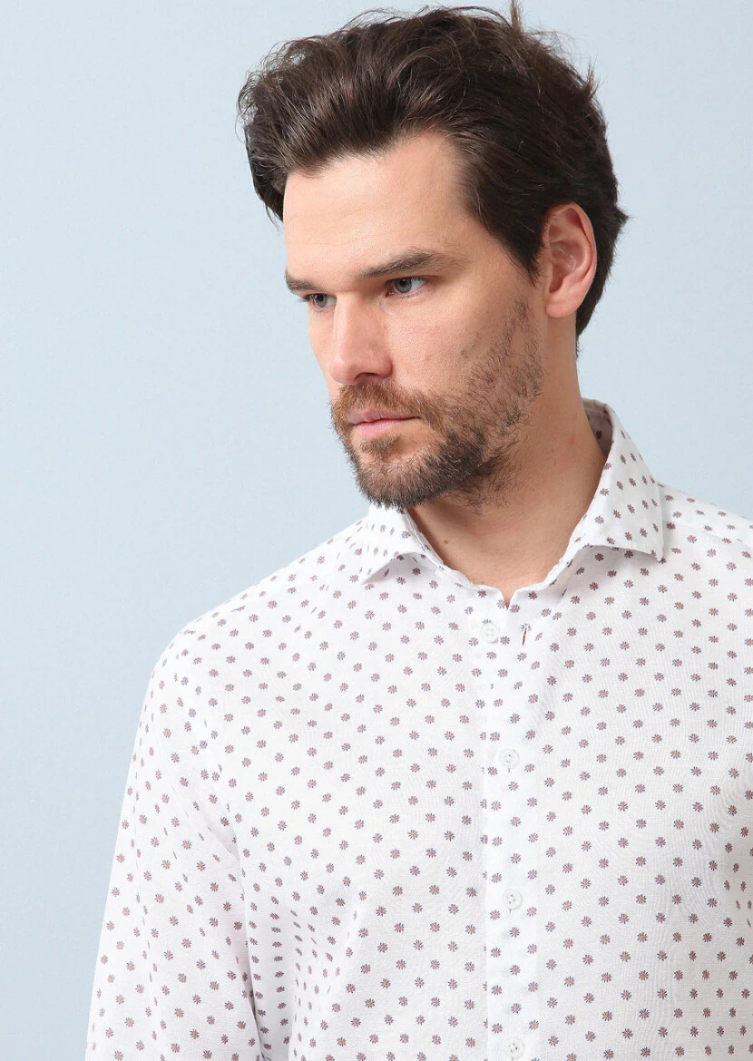 Orange Printed Regular Fit Weaving Casual Cotton Blended Shirt - 1