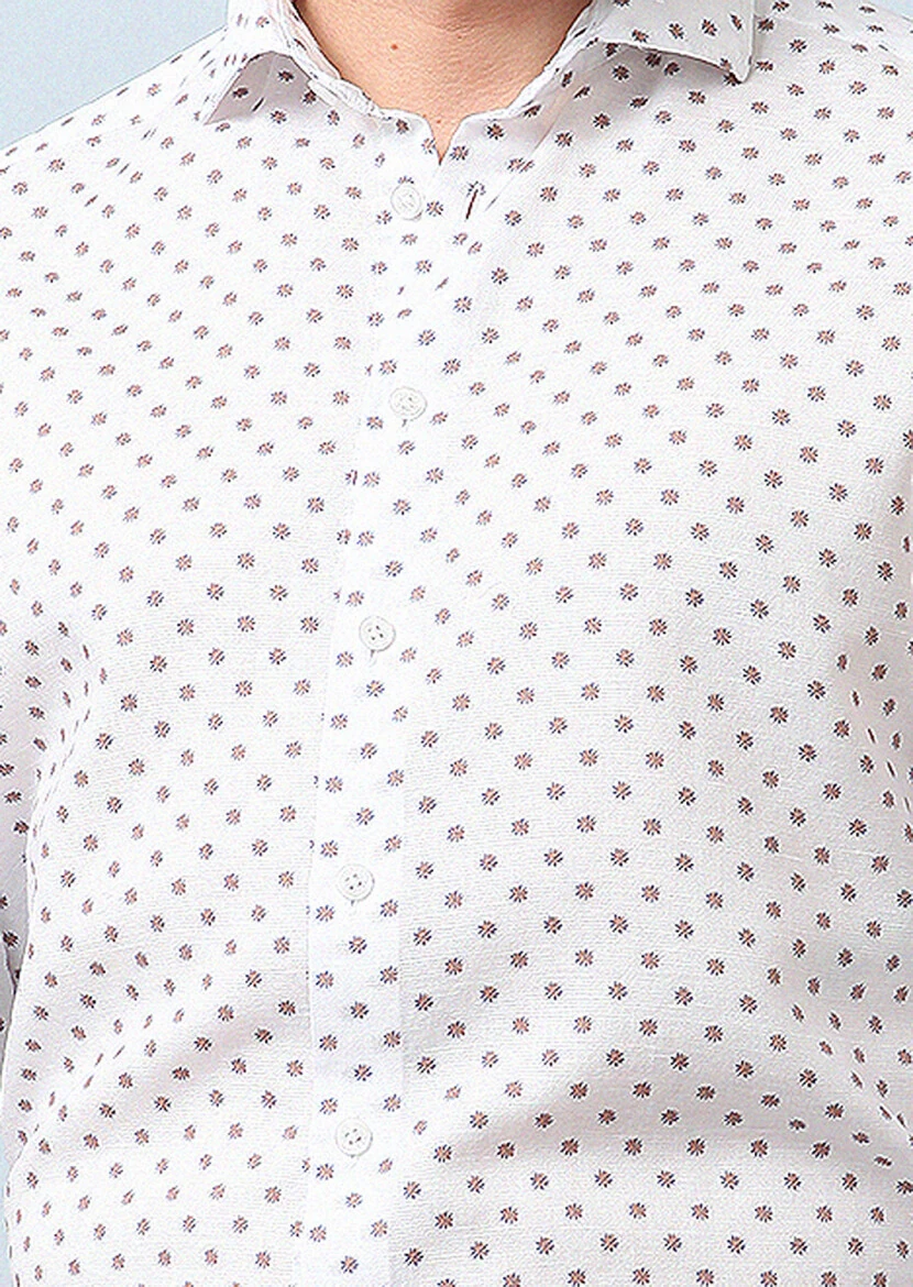 Orange Printed Regular Fit Weaving Casual Cotton Blended Shirt - 4