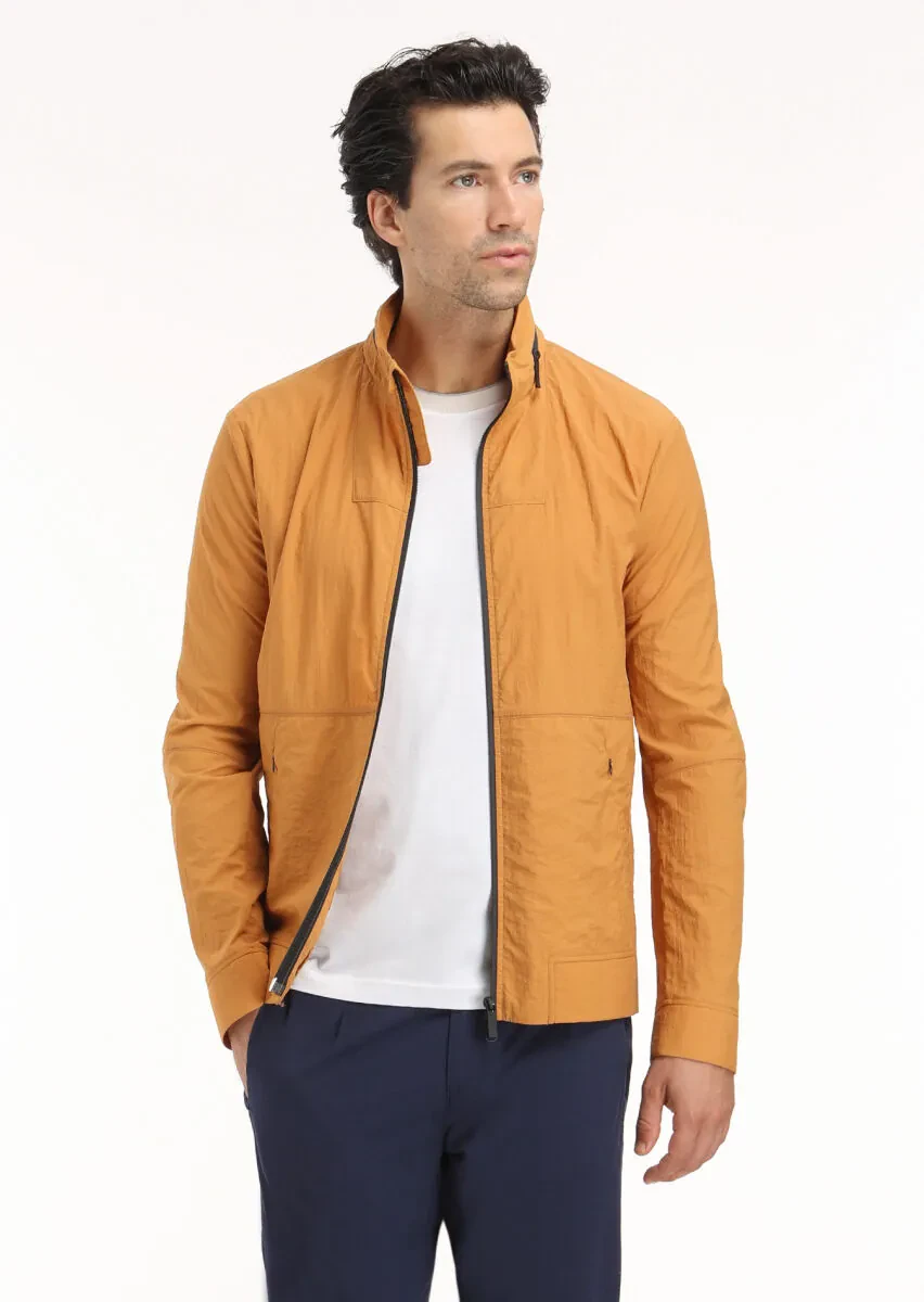 Orange Regular Fit Turtleneck Casual Weaving Removable Hood Coat - 3