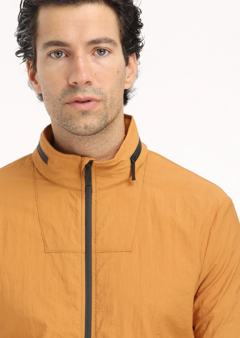 Orange Regular Fit Turtleneck Casual Weaving Removable Hood Coat - 4