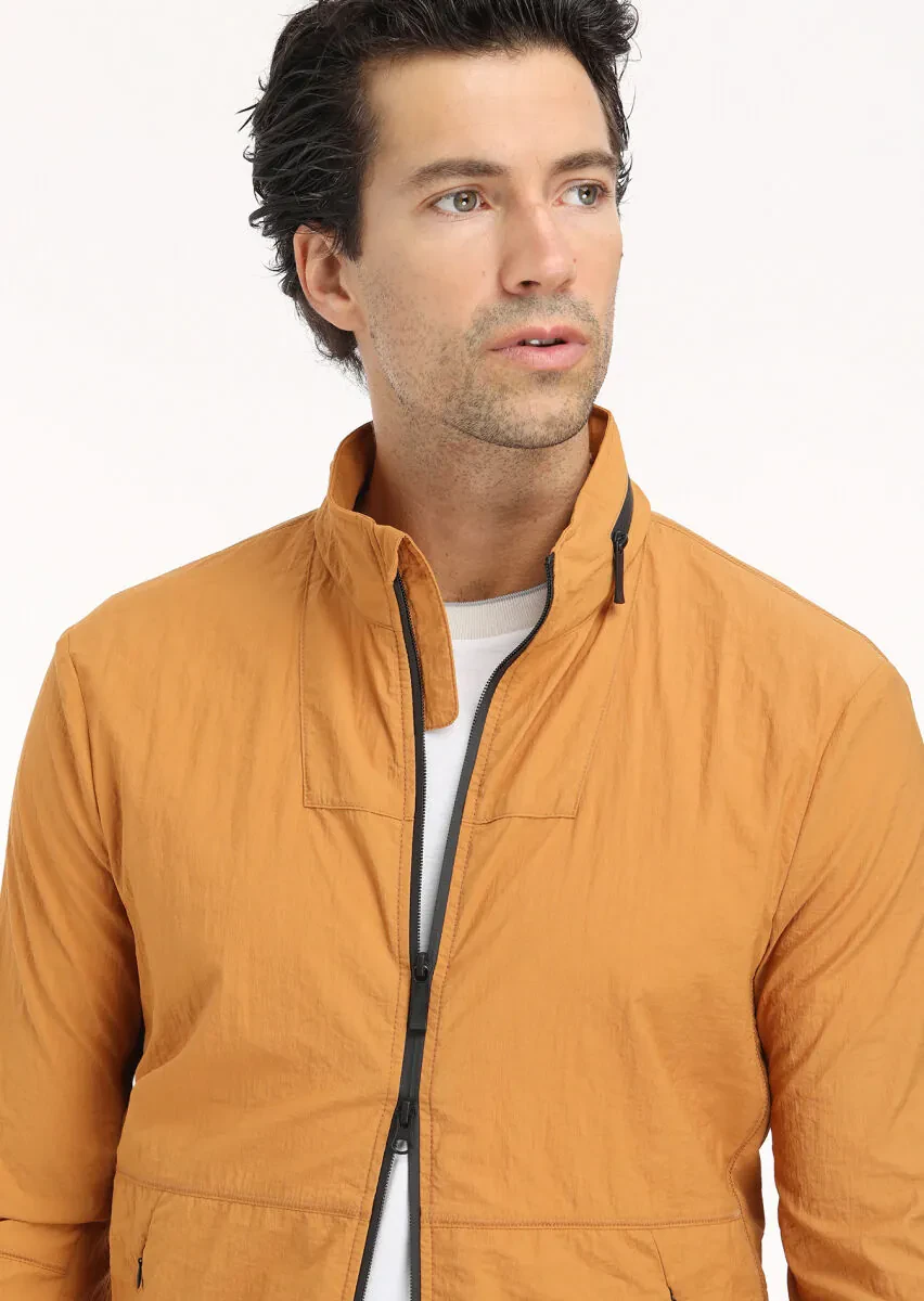 Orange Regular Fit Turtleneck Casual Weaving Removable Hood Coat - 5