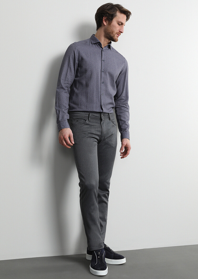 Orta Gri Düz Dokuma Slim Fit Casual Pamuk Karışımlı Pantolon - 1