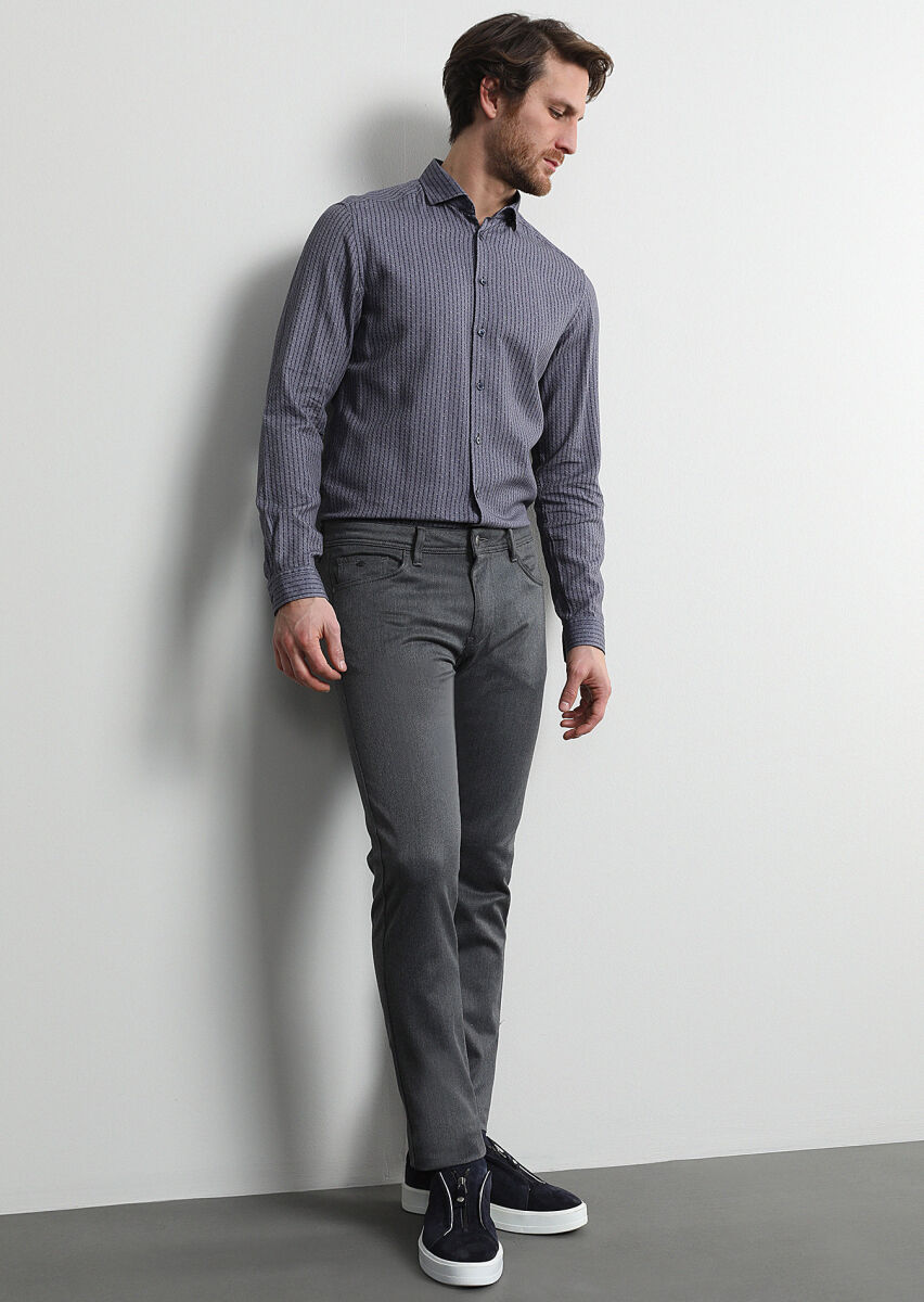Orta Gri Düz Dokuma Slim Fit Casual Pamuk Karışımlı Pantolon - 1