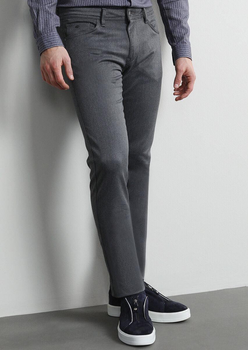 Orta Gri Düz Dokuma Slim Fit Casual Pamuk Karışımlı Pantolon - 3