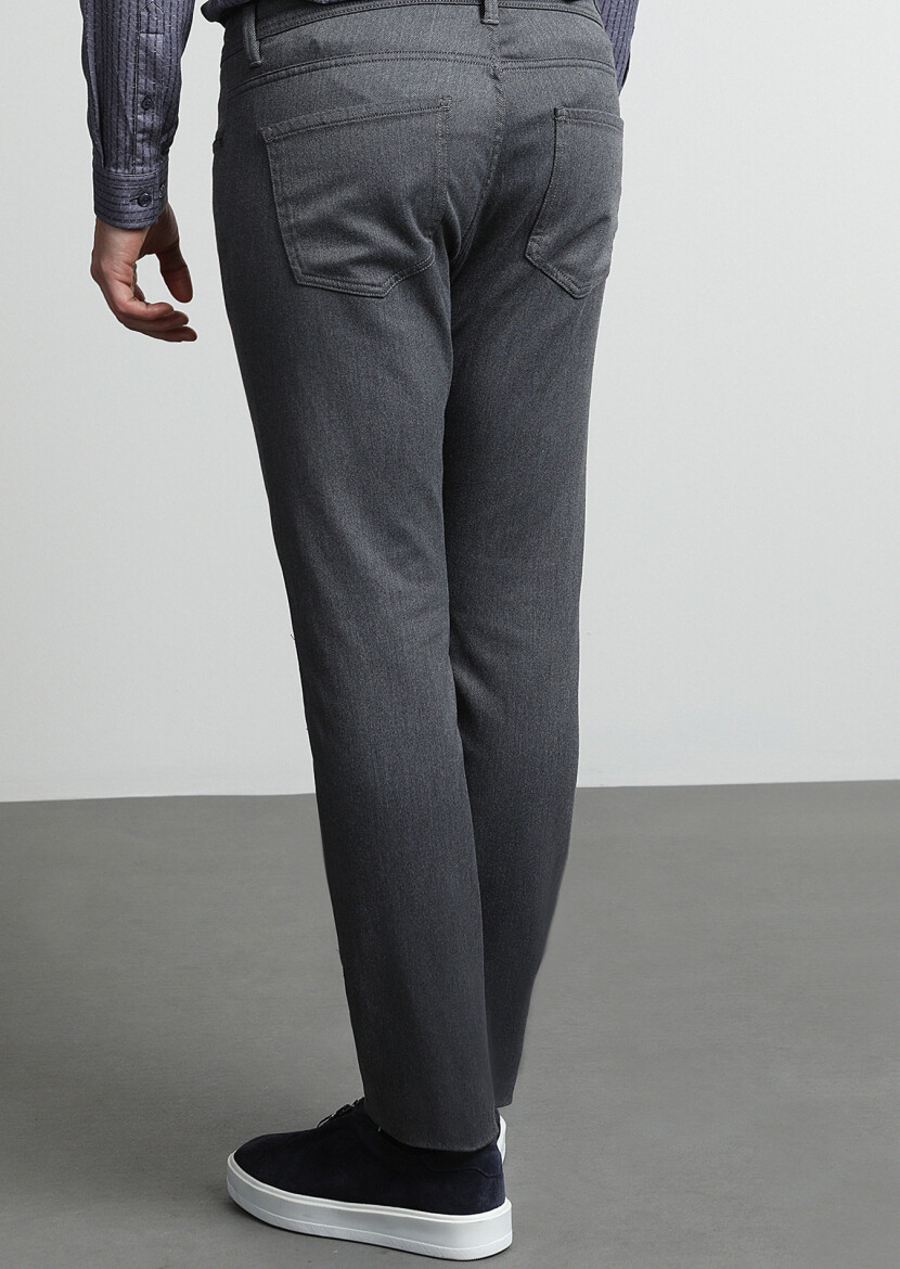 Orta Gri Düz Dokuma Slim Fit Casual Pamuk Karışımlı Pantolon - 4