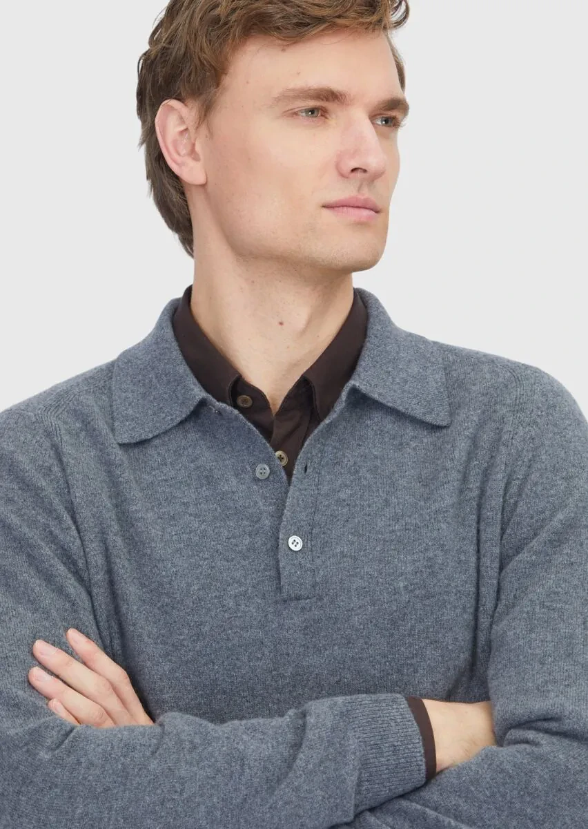 Orta Gri Polo Yaka Düz Örgü %100 Kaşmir Triko Kazak - 3