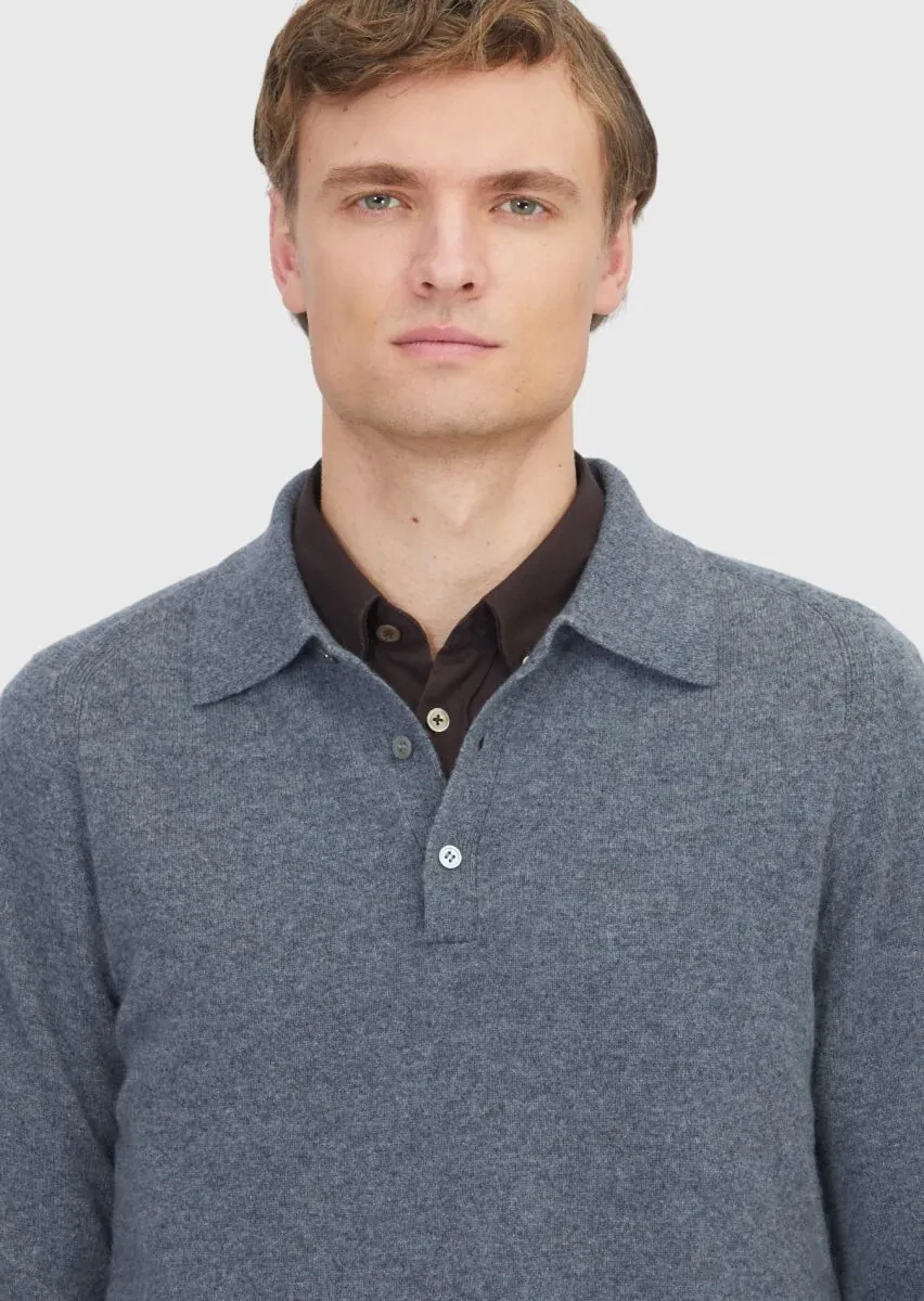 Orta Gri Polo Yaka Düz Örgü %100 Kaşmir Triko Kazak - 4