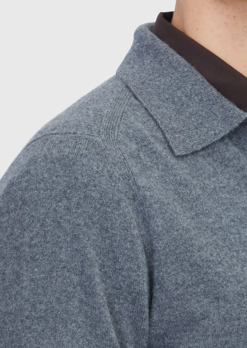 Orta Gri Polo Yaka Düz Örgü %100 Kaşmir Triko Kazak - 5